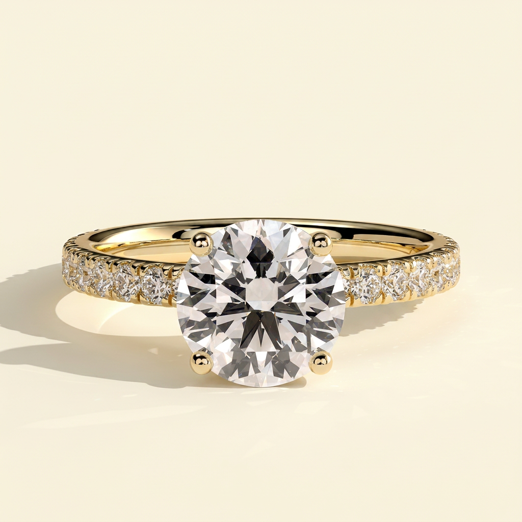 The Elena - Round Cut Lab Grown Diamond Solitaire with Hidden Halo and Pave Band Engagement Ring