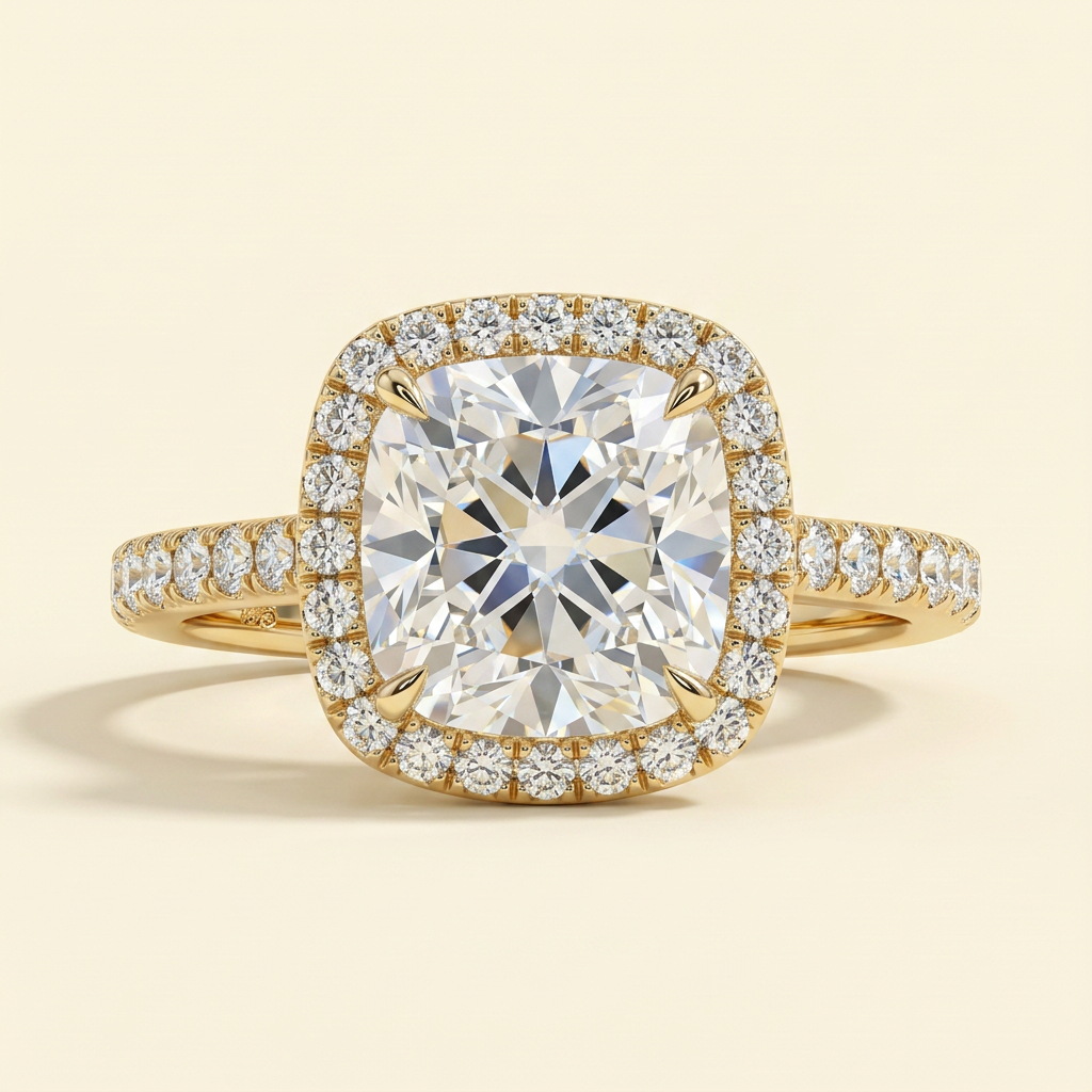 The Brillia - Cushion Cut Lab Grown Diamond Halo Engagement Ring with Pave Band