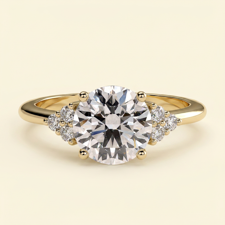 The Gioia - Round Cut Lab Grown Diamond Solitaire Engagement Ring with Round Shoulder Stones - Yellow Gold