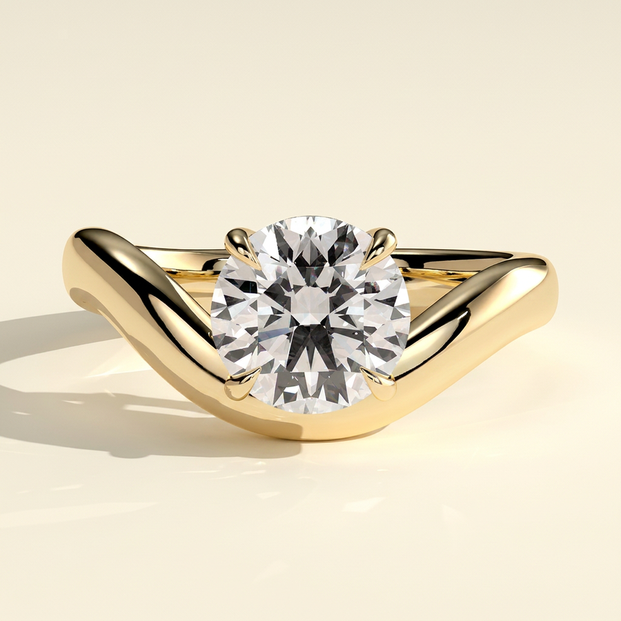 The Luna - East West Round Lab Grown Diamond Solitaire with Wave Band Engagement Ring - Yellow Gold