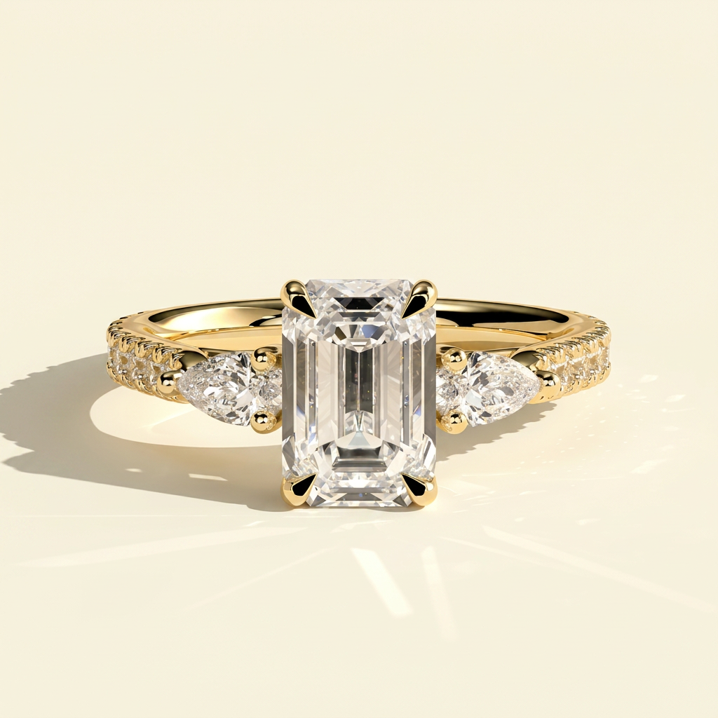 The Aluna - Emerald Cut Lab Grown Diamond Three Stone Ring with Pave Band