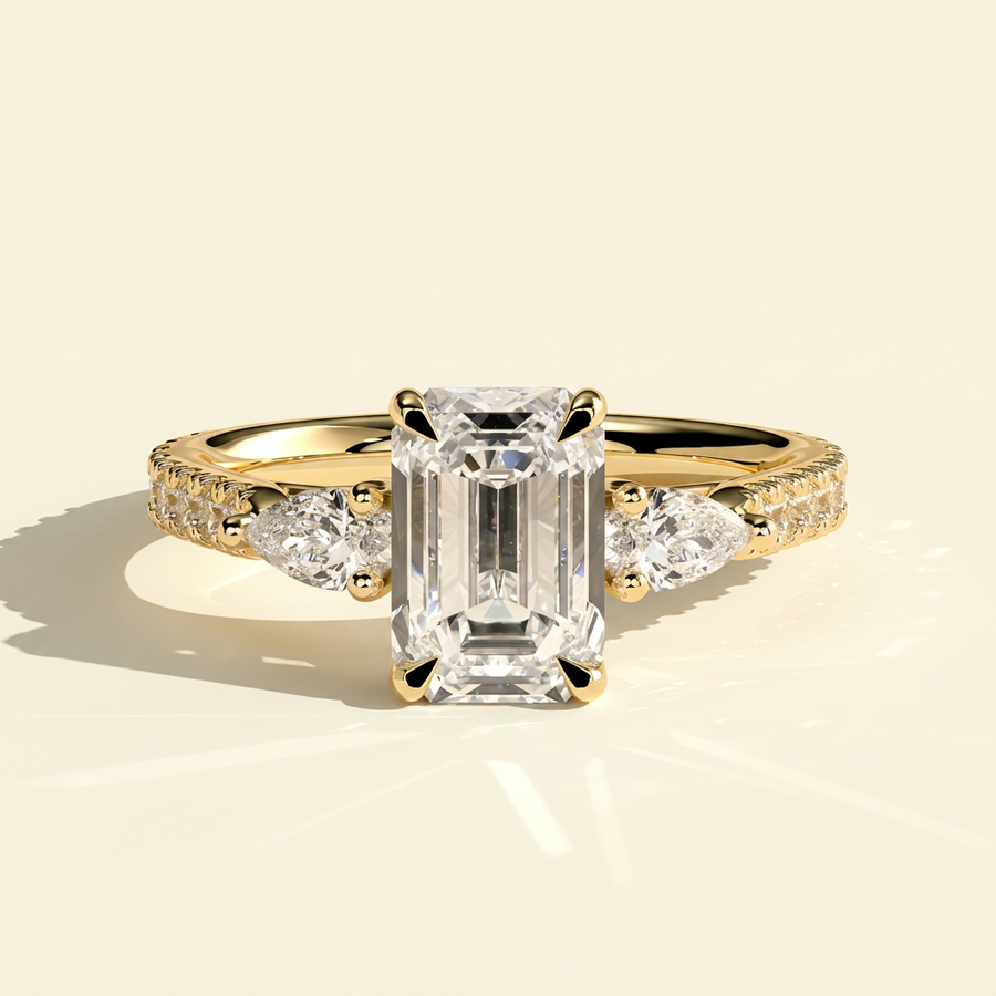 The Aluna - Emerald Cut Lab Grown Diamond Three Stone Ring with Pave Band - Yellow Gold