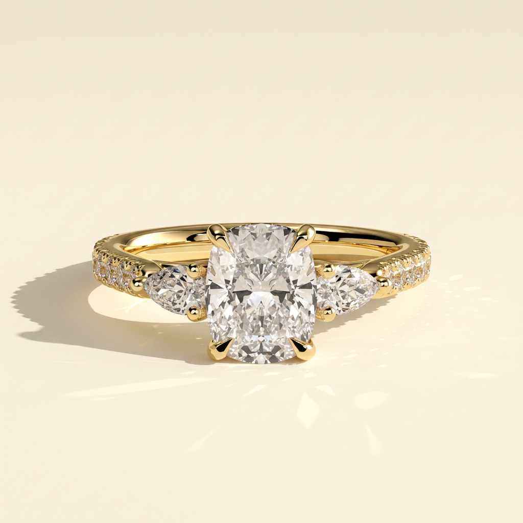 The Lyra - Elongated Cushion Cut Lab Grown Diamond Three Stone with Pave Band Engagement Ring