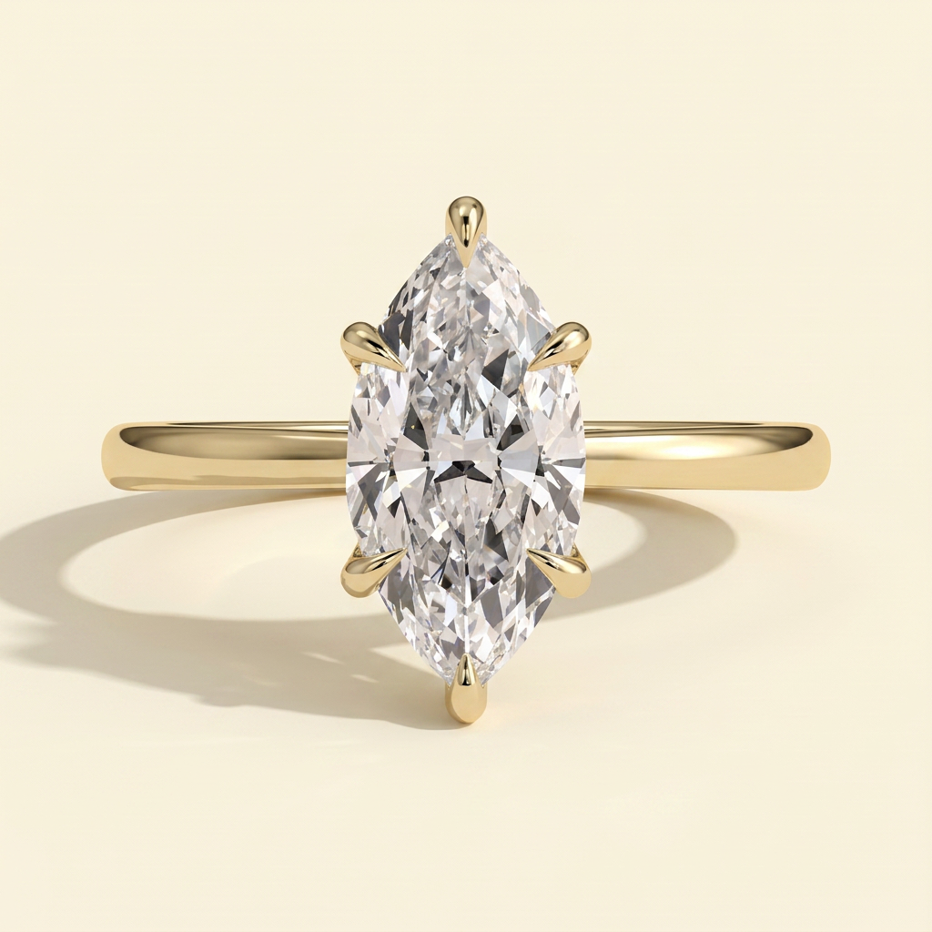 The Mira - Marquise Cut Lab Grown Diamond Six Claw Solitaire with Hidden Halo, Cathedral Setting Engagement Ring