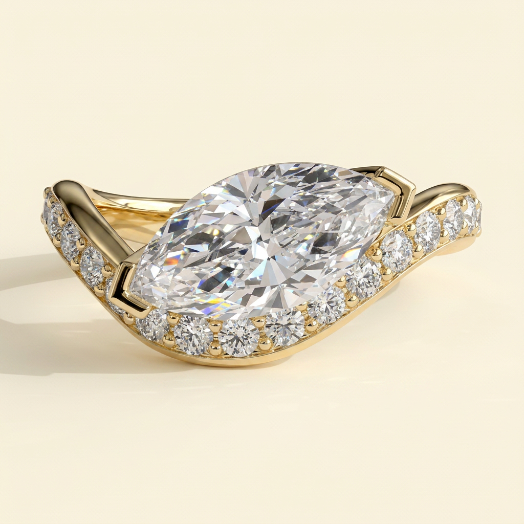 The Inara - Marquise Cut Lab Grown Diamond East West V Tipped Claw with Pave Wave Band Engagement Ring