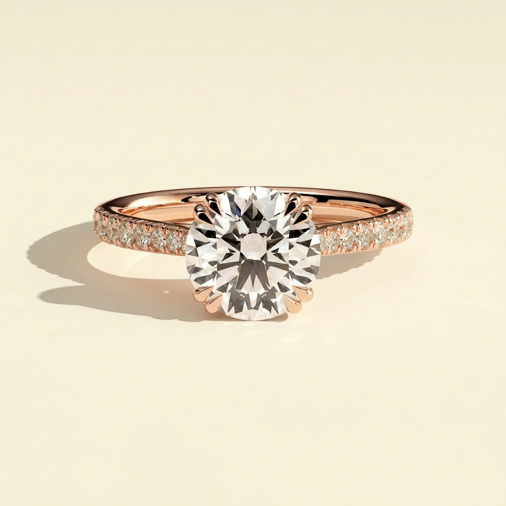The Diela - Round Cut Lab Grown Diamond Ring with Hidden Halo & Pave Band