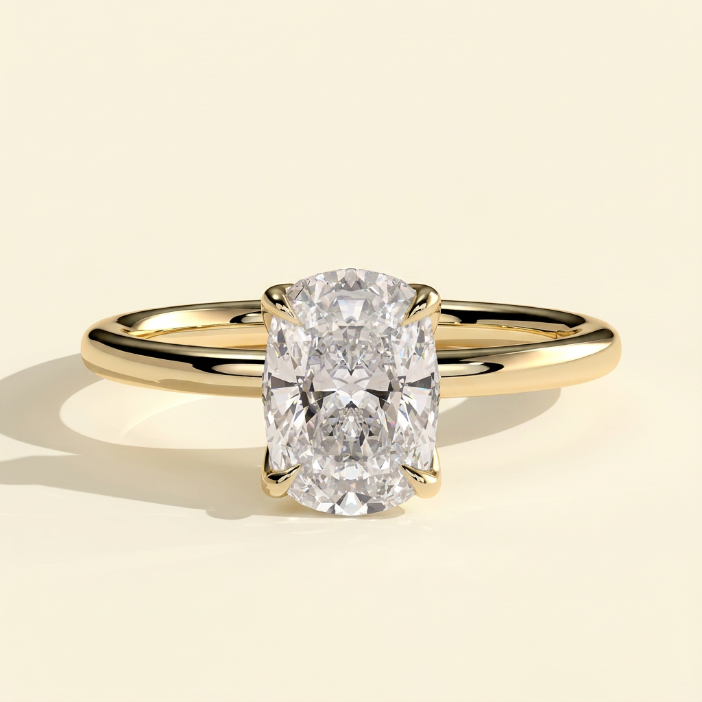 The Cerine - Elongated Cushion Cut Lab Grown Diamond Solitaire with Petal Gallery and Tiara Detail Engagement Ring
