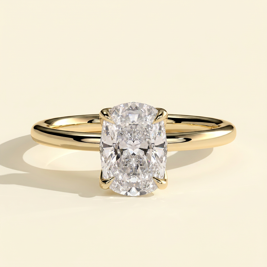 The Cerine - Elongated Cushion Cut Lab Grown Diamond Solitaire with Petal Gallery and Tiara Detail Engagement Ring - Yellow Gold