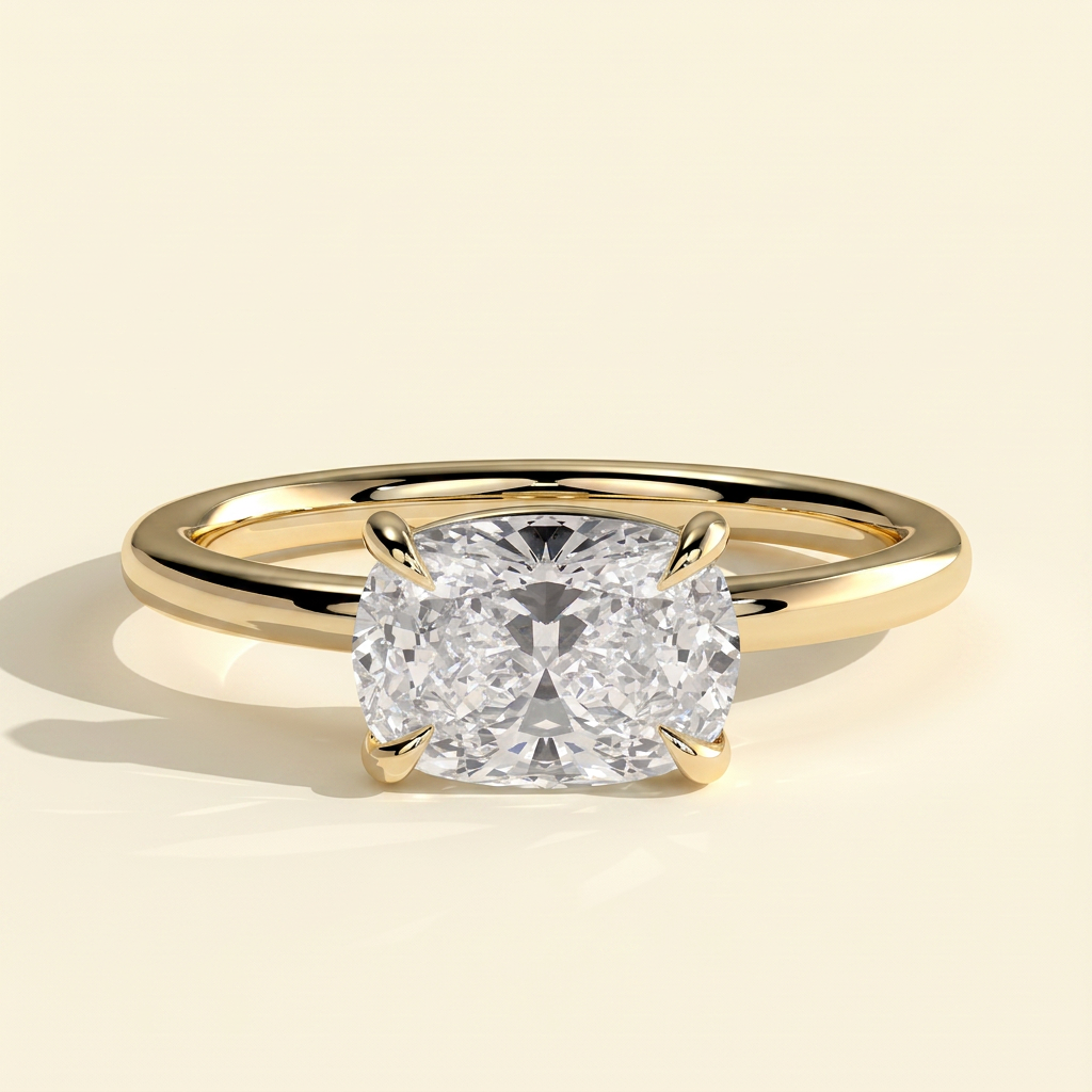The Veluna - Elongated Cushion Cut Lab Grown Diamond East West Solitaire Ring with Scooped Basket