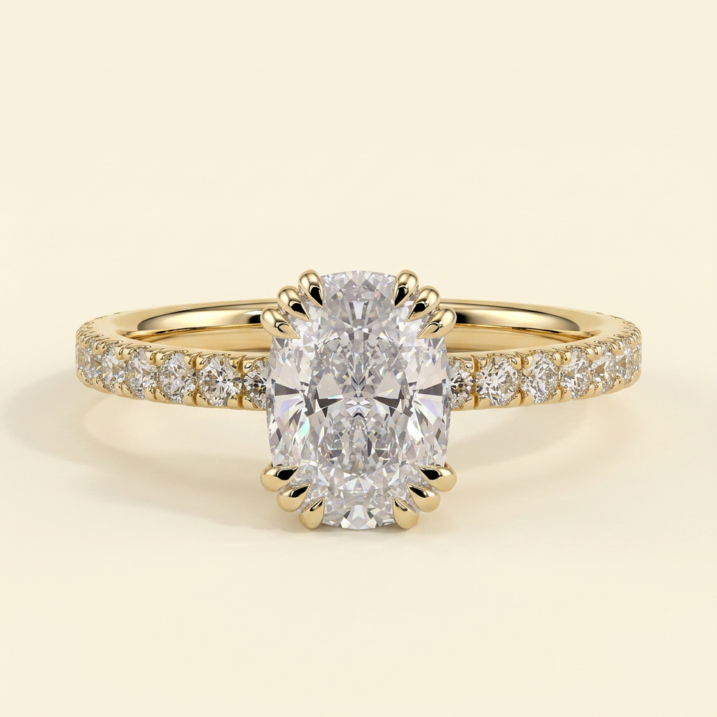 The Sera - Elongated Cushion Cut Lab Grown Diamond Triple Claw Solitaire with Pave Band Engagement Ring