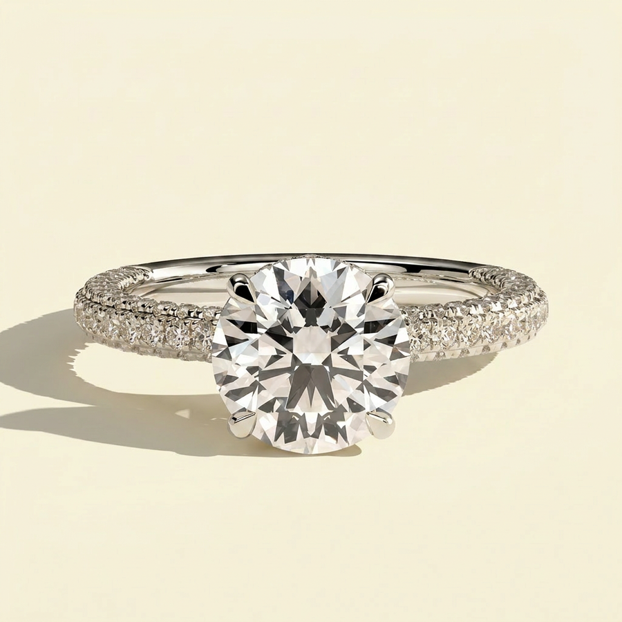 The Aster - Round Lab Grown Diamond Engagement Ring with Triple Pave Band - White Gold