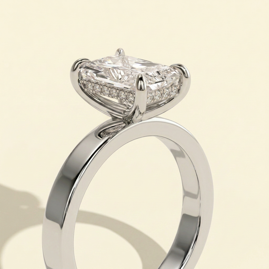 The Neria - Radiant Cut Lab Diamond Ring with Cigar Band and Hidden Halo