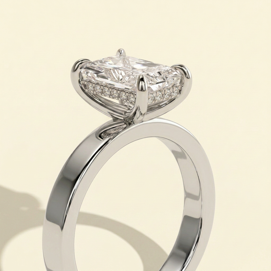 The Neria - Radiant Cut Lab Diamond Ring with Cigar Band and Hidden Halo - White Gold