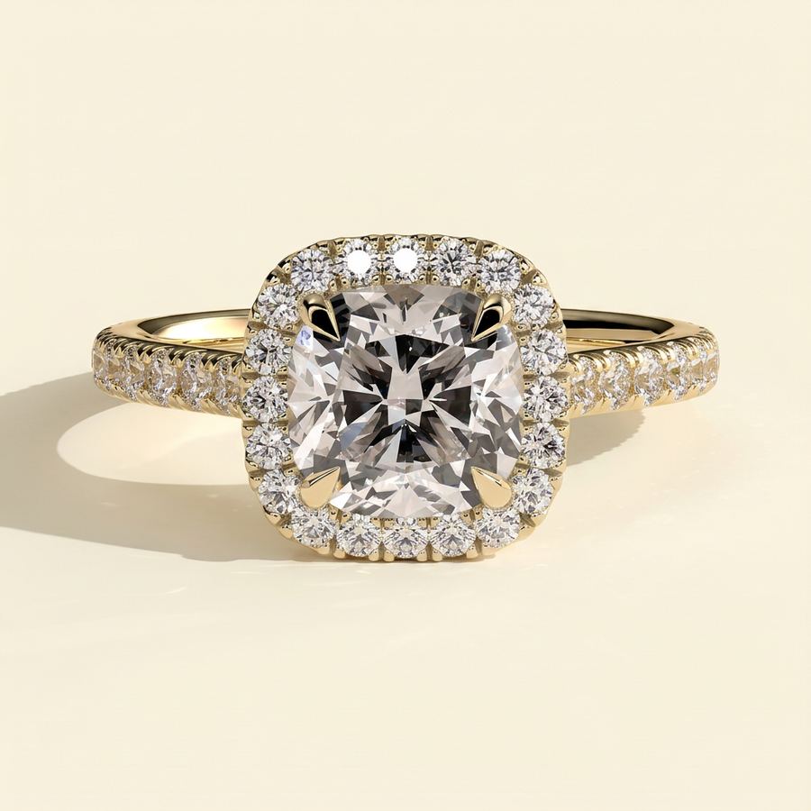 The Soleia - Cushion Cut Lab Grown Diamond Halo with Pave Band and Cathedral Setting Engagement Ring - Yellow Gold
