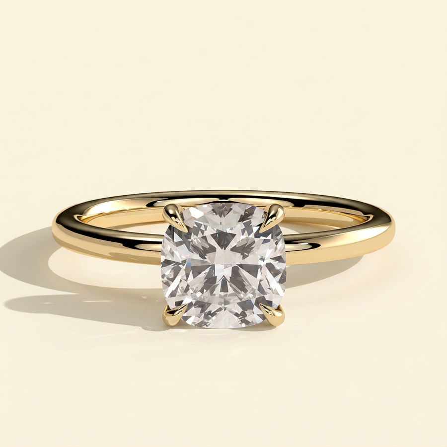 The Grazia - Cushion Cut Lab Grown Diamond Eagle Tipped Claw Solitaire with Clean Band Engagement Ring - Yellow Gold