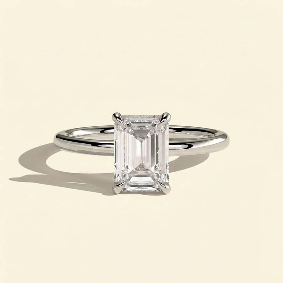 The Dea - Emerald Cut Lab Grown Diamond Solitaire with Hidden Halo Ring - White Gold