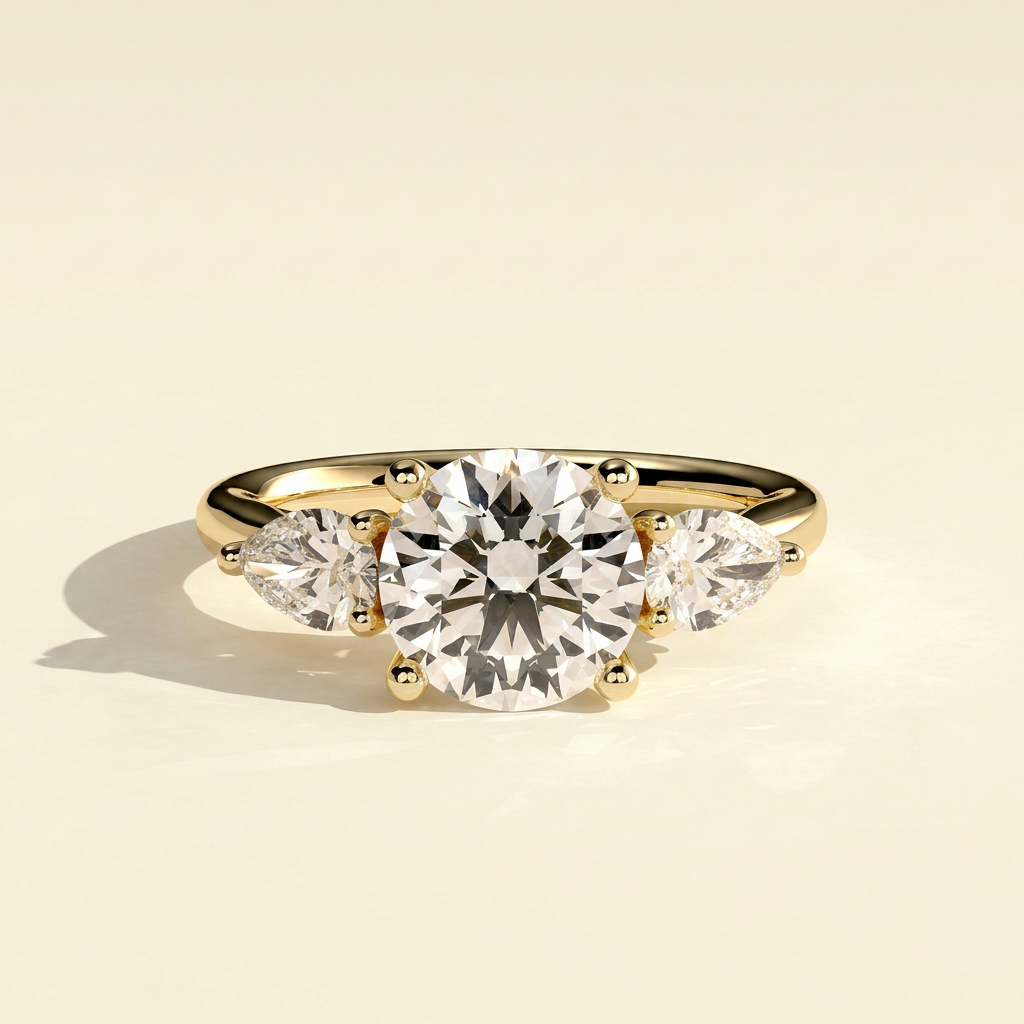 The Amara - Round Lab Grown Diamond Three Stone Ring with Pear Side Stones