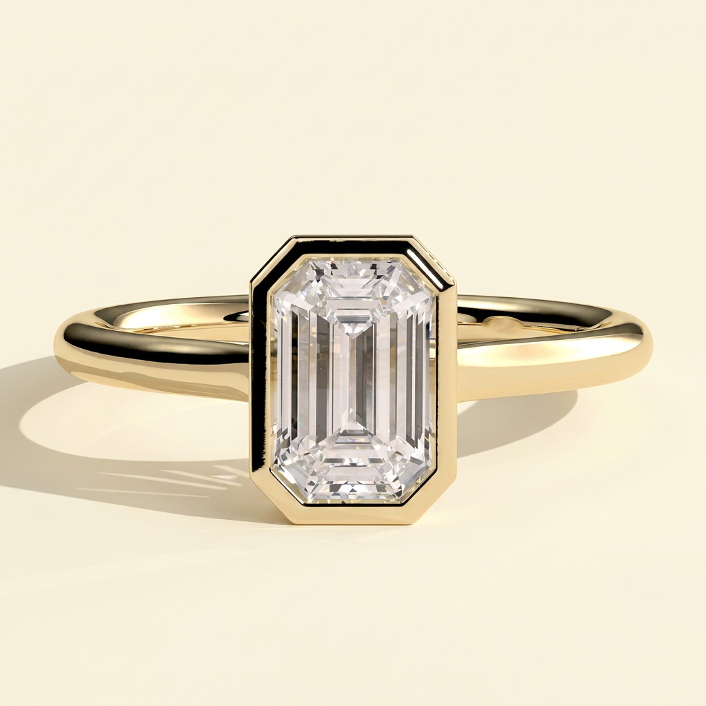 The Helia - Emerald Cut Lab Grown Diamond Bezel Set Solitaire with Open Cathedral Engagement Ring