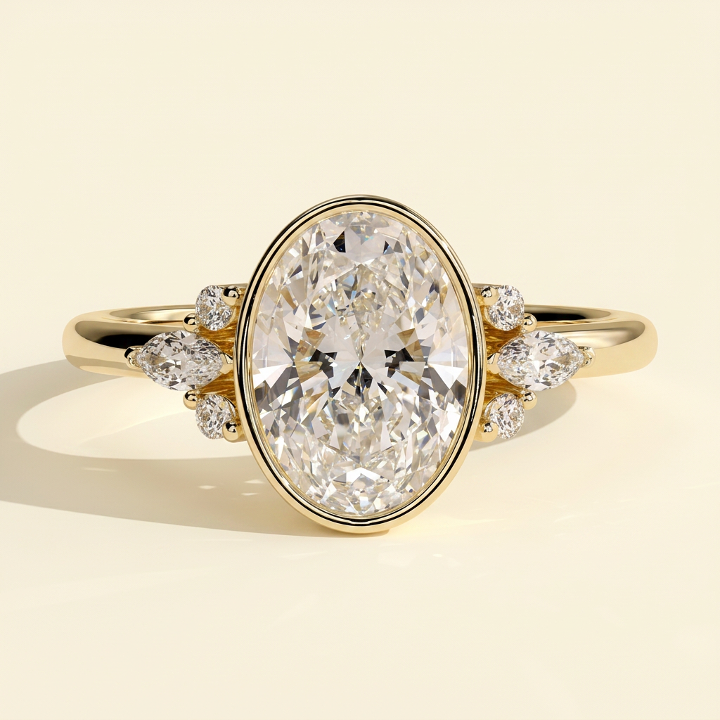 The Ziva - Oval Cut Lab Grown Diamond Bezel Set Solitaire with Marquise and Round Shoulder Stones Engagement Ring