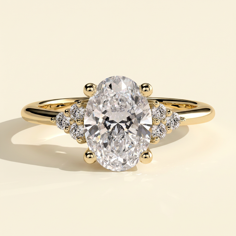The Lumiere - Oval Cut Lab Grown Diamond Solitaire with Clustered Round Shoulder Stones Engagement Ring - Yellow Gold