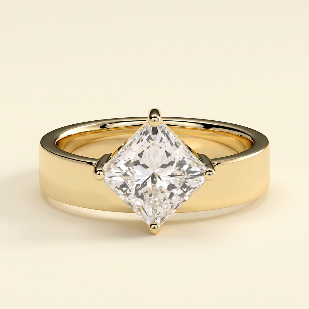 The Elodie - Princess Cut Lab Grown Diamond Solitaire Set on Point with Bold Cigar Band Engagement Ring