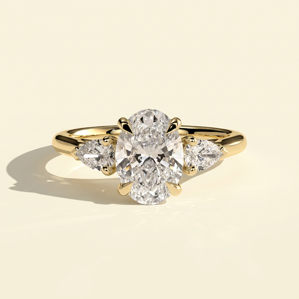 The Nevelle - Oval Lab Grown Diamond Cathedral Trilogy Ring with Pear Sides