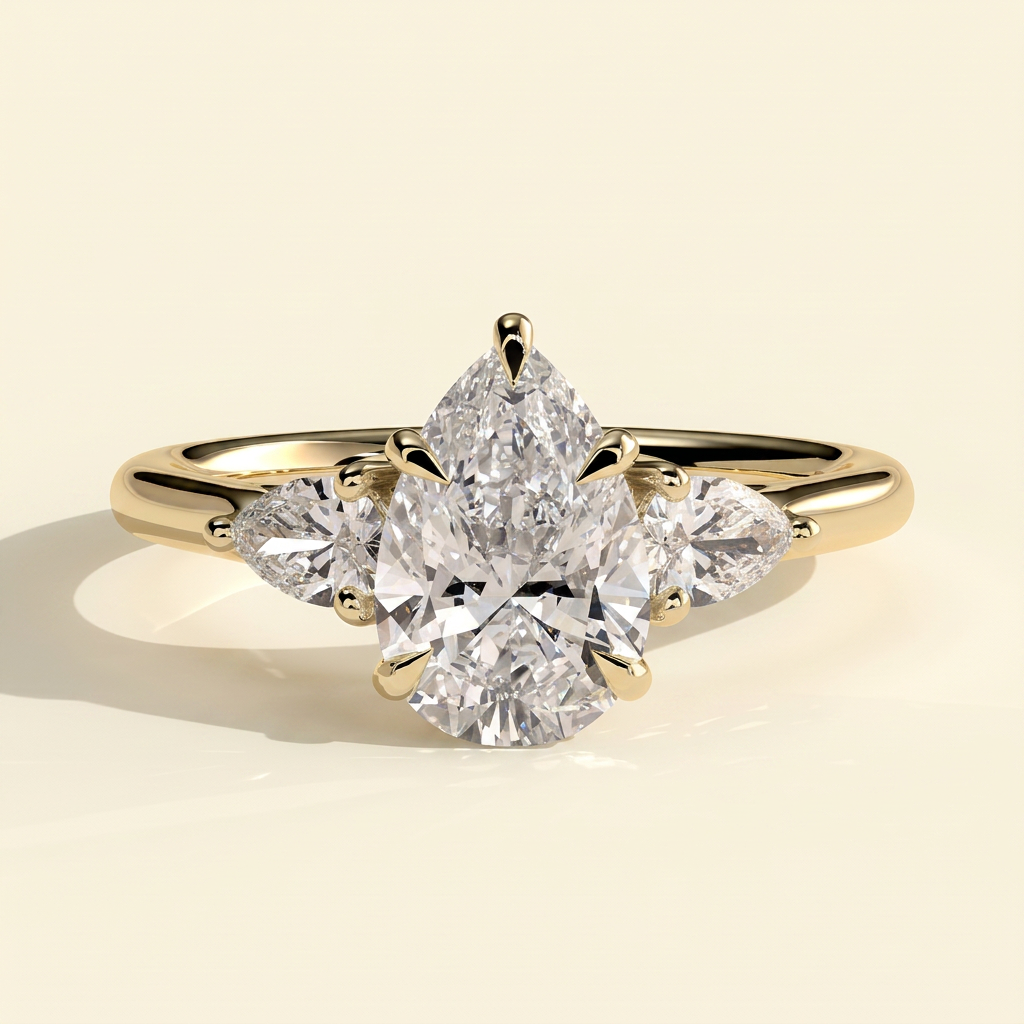 The Viorela - Pear Cut Lab Grown Diamond Three Stone Engagement Ring with Pear Side Stones and Floating Cathedral Setting