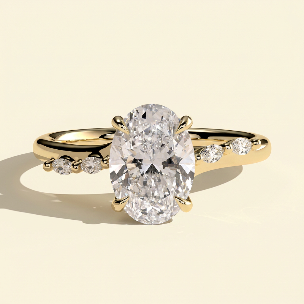 The Mirea - Oval Cut Lab Grown Diamond Hidden Halo Engagement Ring with Marquise Side Stones