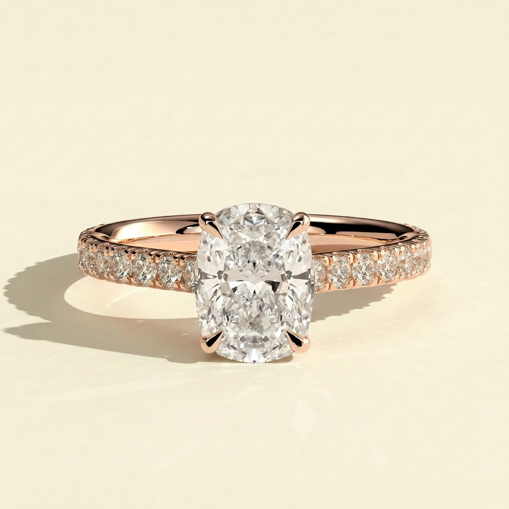 The Kiana - Elongated Cushion Lab Diamond Ring with Hidden Halo and Pave