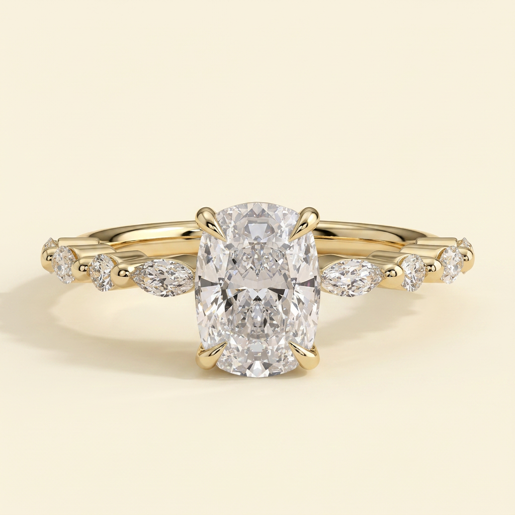 The Averie - Elongated Cushion Lab Diamond Solitaire with Marquise and Round Accent Stones Ring