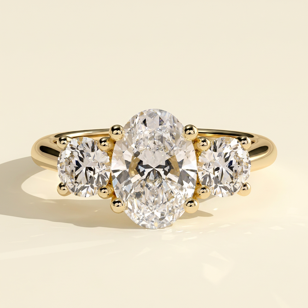 The Gemma - Oval Cut Lab Grown Diamond Three Stone Engagement Ring with Round Side Stones