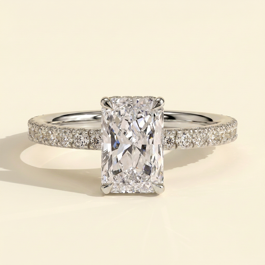 The Elenia - Radiant Cut Lab Grown Diamond Four Claw Solitaire with Hidden Halo and Pave Band Engagement Ring