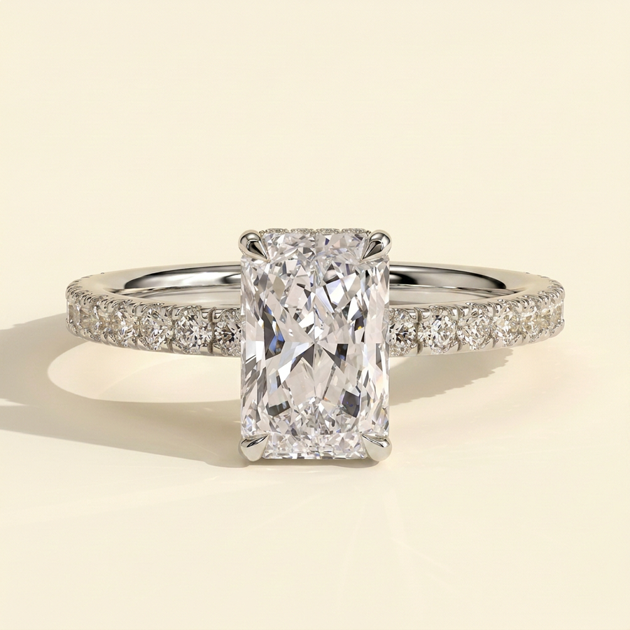 The Elenia - Radiant Cut Lab Grown Diamond Four Claw Solitaire with Hidden Halo and Pave Band Engagement Ring - White Gold