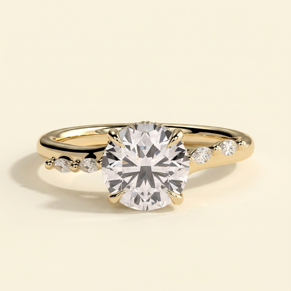 The Stelle - Round Cut Lab Grown Diamond Hidden Halo Solitaire with Opposing Marquise Accent Band Engagement Ring