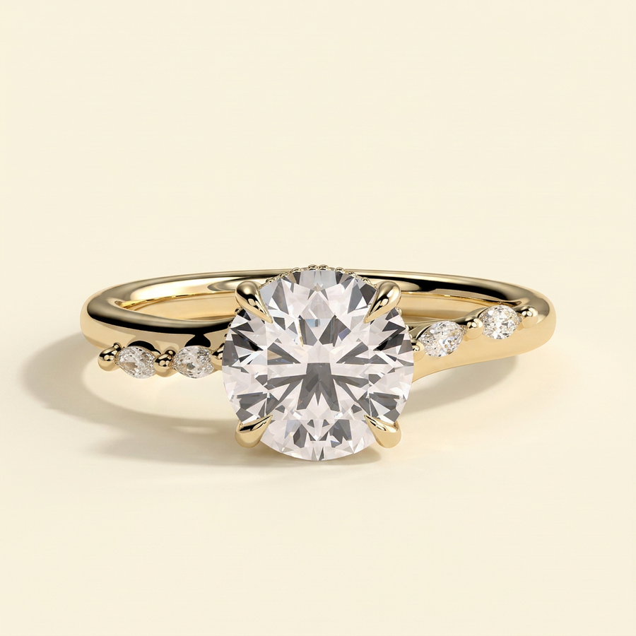 The Stelle - Round Cut Lab Grown Diamond Hidden Halo Solitaire with Opposing Marquise Accent Band Engagement Ring - Yellow Gold