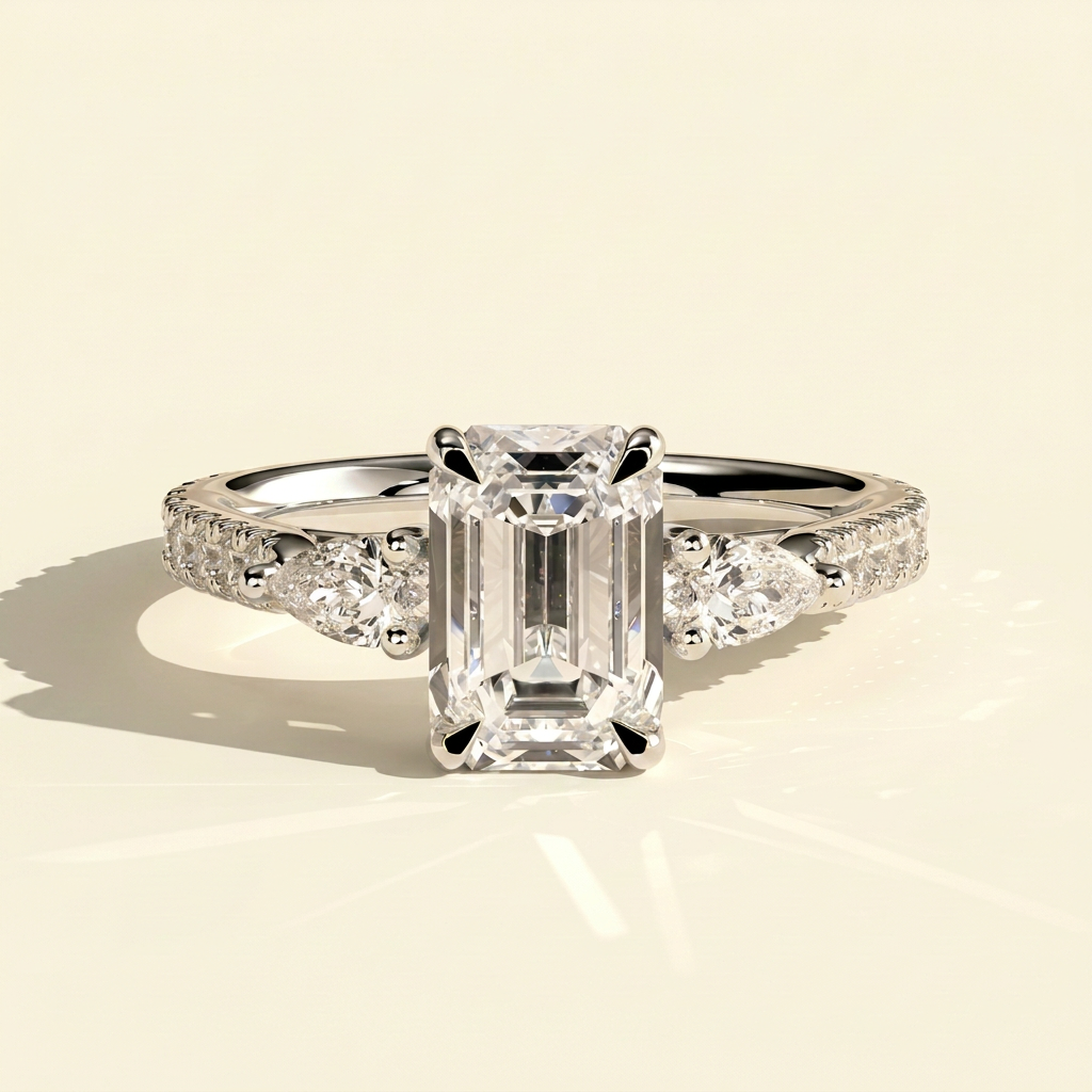 The Aluna - Emerald Cut Lab Grown Diamond Three Stone Ring with Pave Band