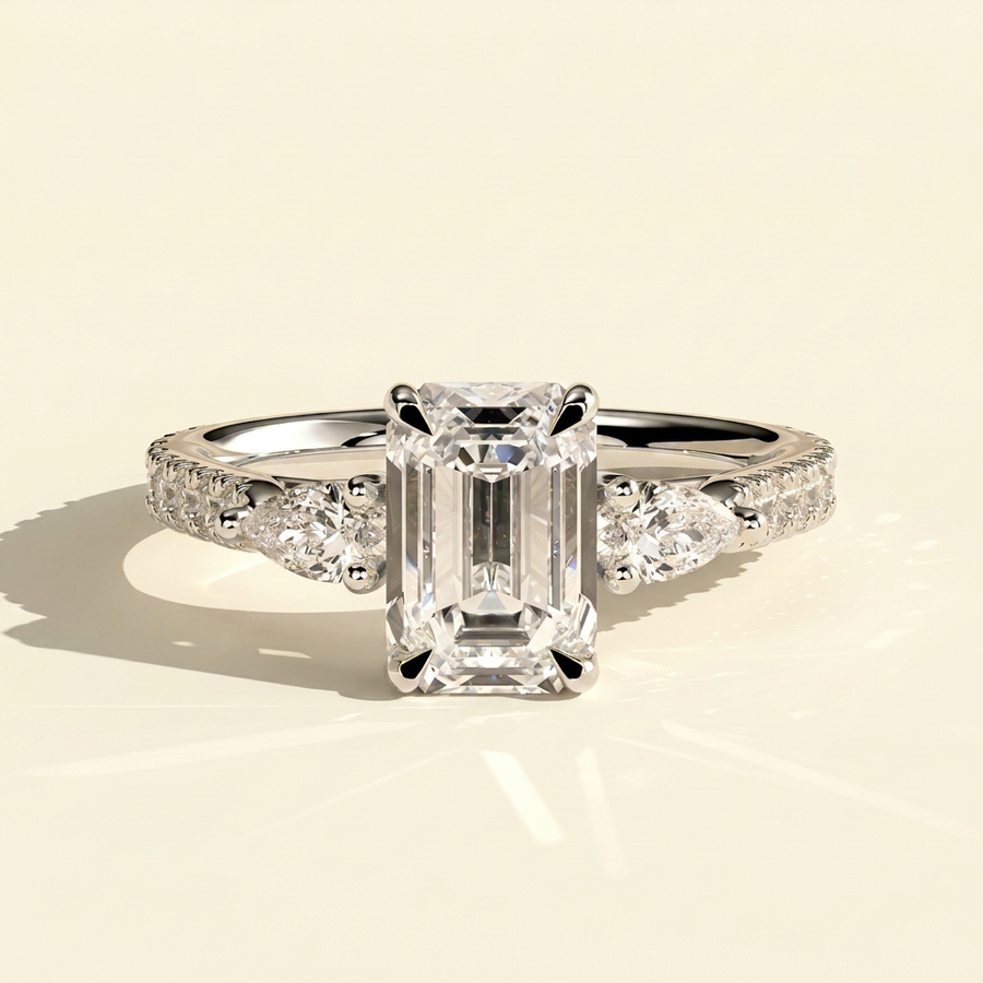 The Aluna - Emerald Cut Lab Grown Diamond Three Stone Ring with Pave Band - White Gold