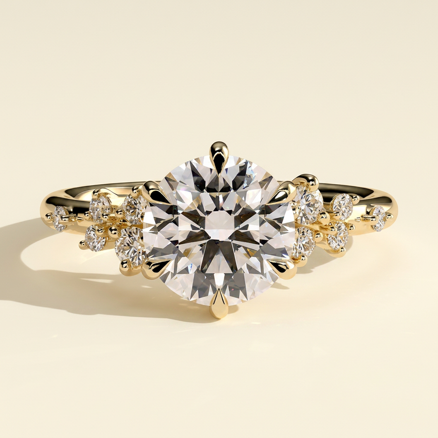 The Zephyra - Round Cut Lab Grown Diamond Basket Set Solitaire with Clustered Round Shoulder Stones Engagement Ring - Yellow Gold