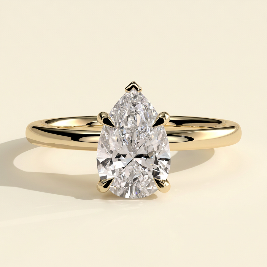The Juna - Pear Cut Lab Grown Diamond Five Claw Low Set Solitaire with Hidden Halo Engagement Ring - Yellow Gold