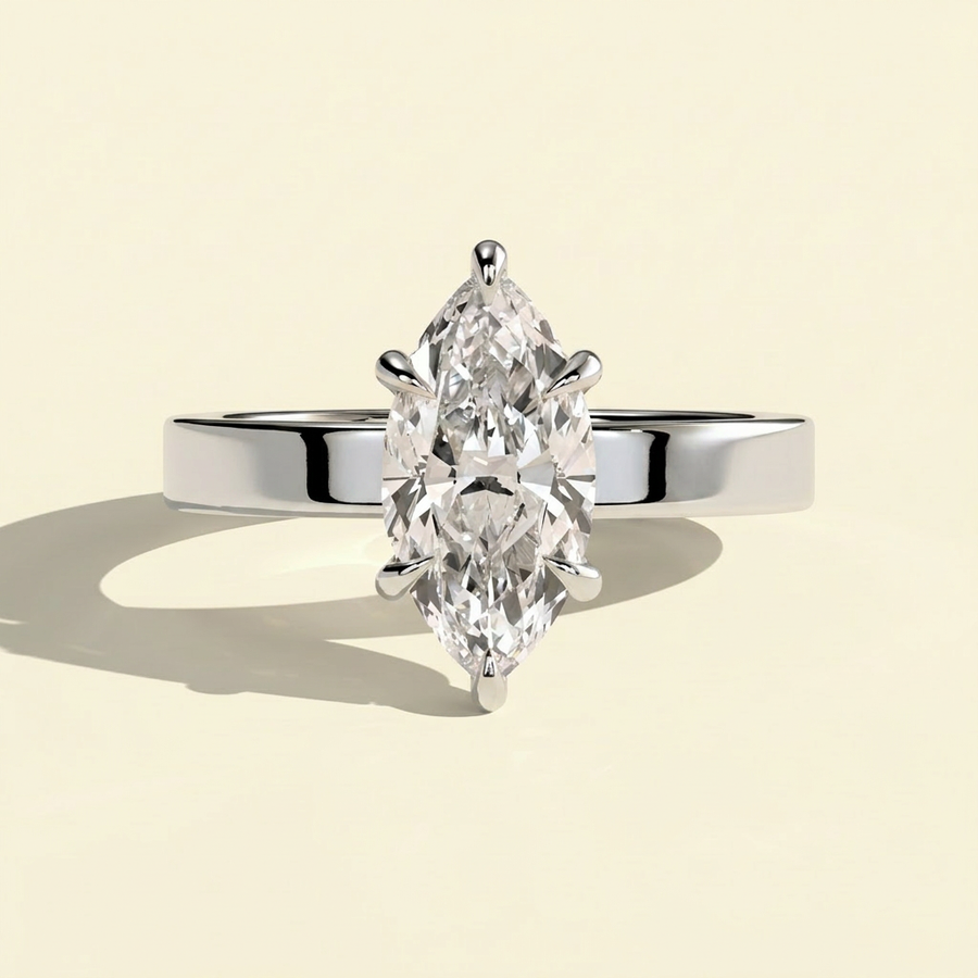 The Adamas - Marquise Lab Grown Diamond Ring with Cigar Band & Hidden Halo - White Gold