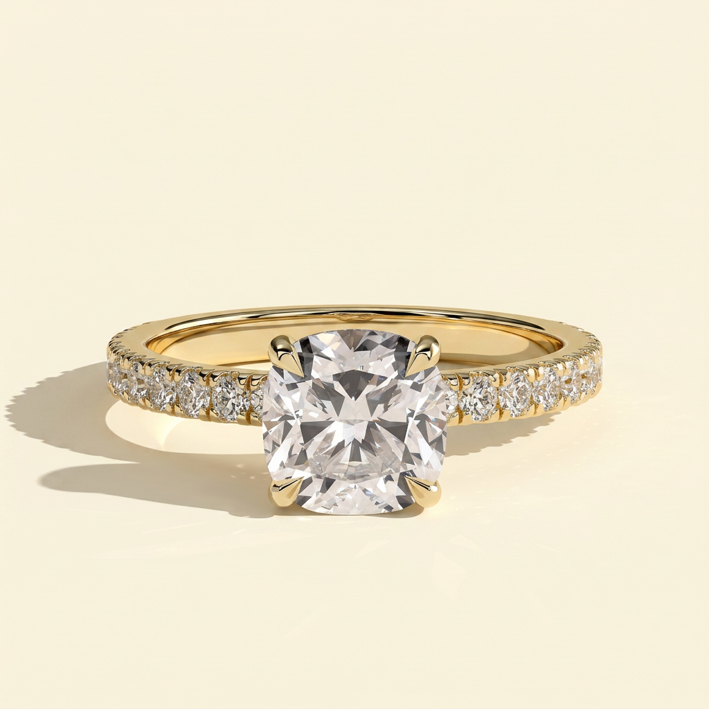 The Atria - Square Cushion Lab Diamond Solitaire with Hidden Halo and Pave Band Engagement Ring