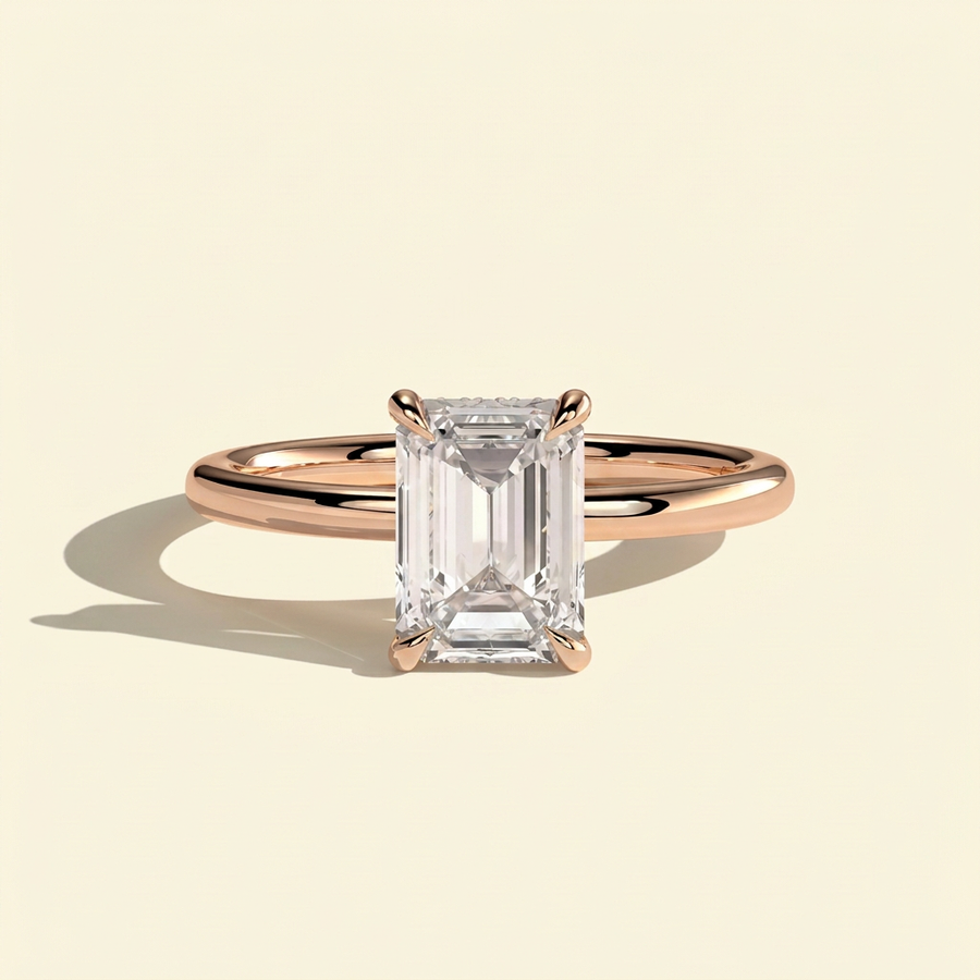 The Dea - Emerald Cut Lab Grown Diamond Solitaire with Hidden Halo Ring - Rose Gold