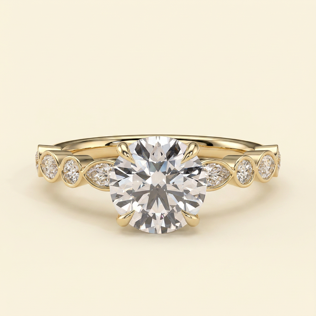 The Evora - Round Lab Diamond Solitaire with Round-Marquise Bezel Accent Stones Ring