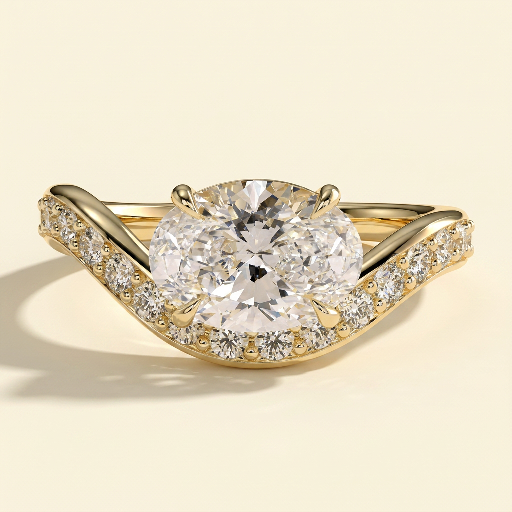 The Tesora - Oval Cut Lab Grown Diamond East West Solitaire with Bead Set Pave Wave Band Engagement Ring