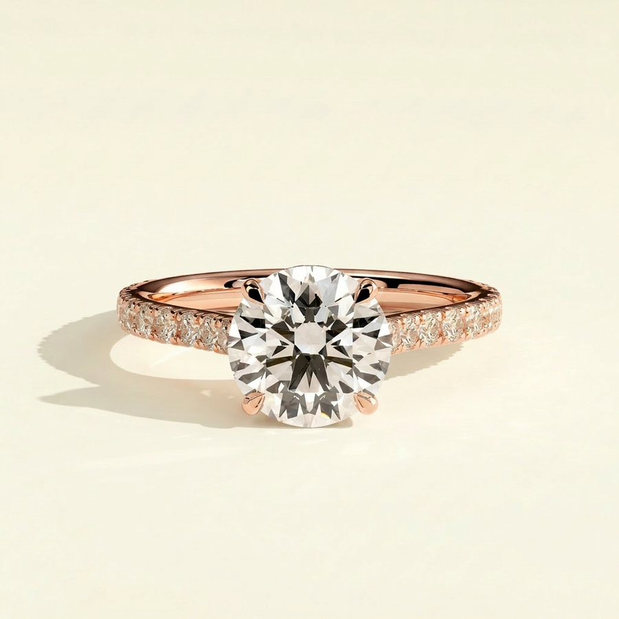 The Elora - Round Cut Lab Grown Diamond Ring with Hidden Halo & Pave Band - Rose Gold