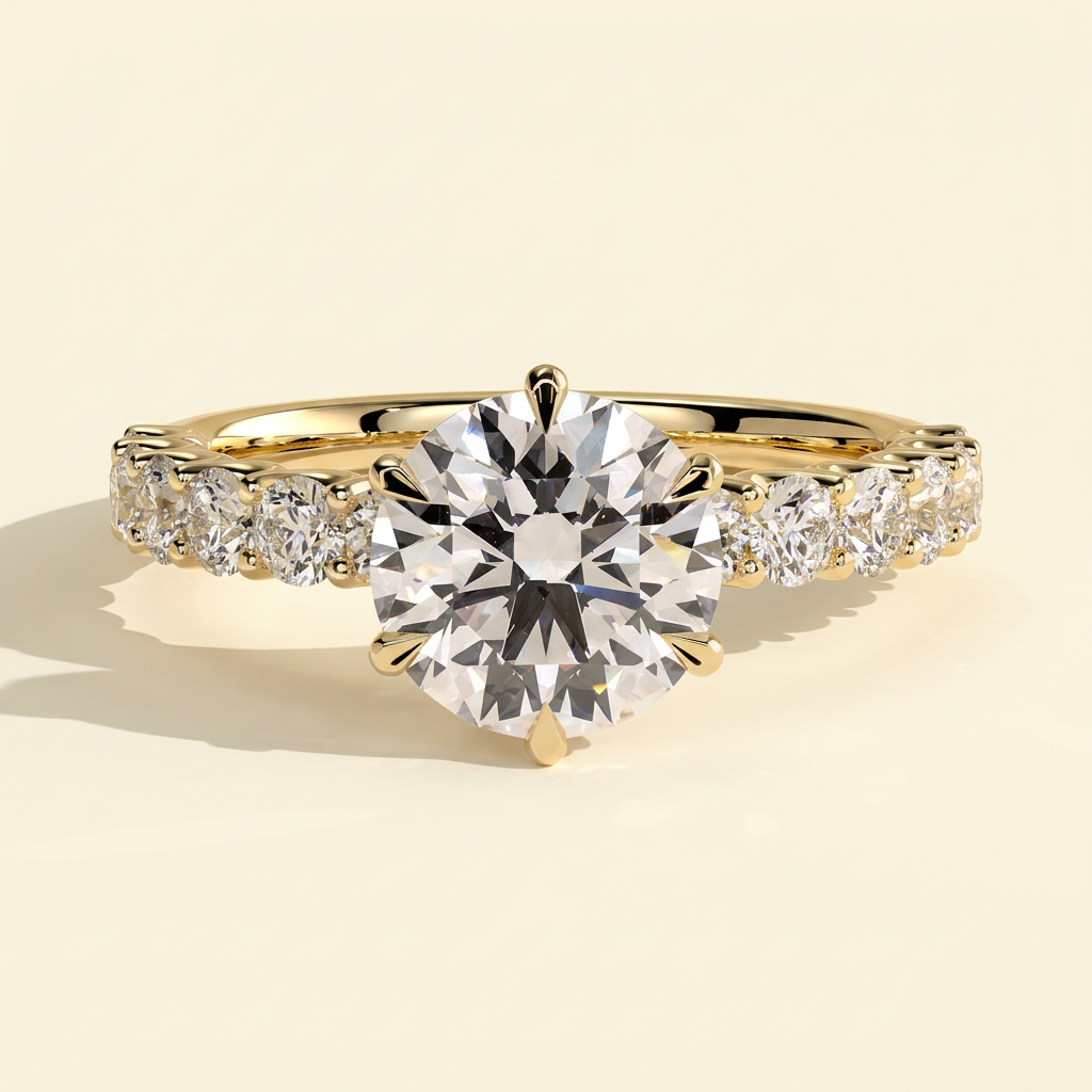 The Levana - Round Cut Lab Grown Diamond Six Claw Solitaire with Half Eternity Band Engagement Ring