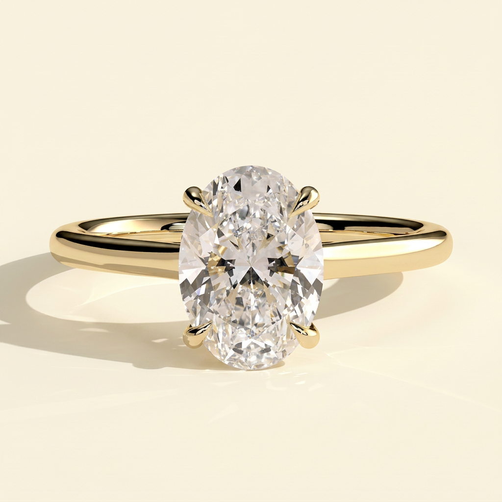 The Jovia - Oval Cut Lab Grown Diamond Four Claw Solitaire with Open Trellis Gallery Engagement Ring