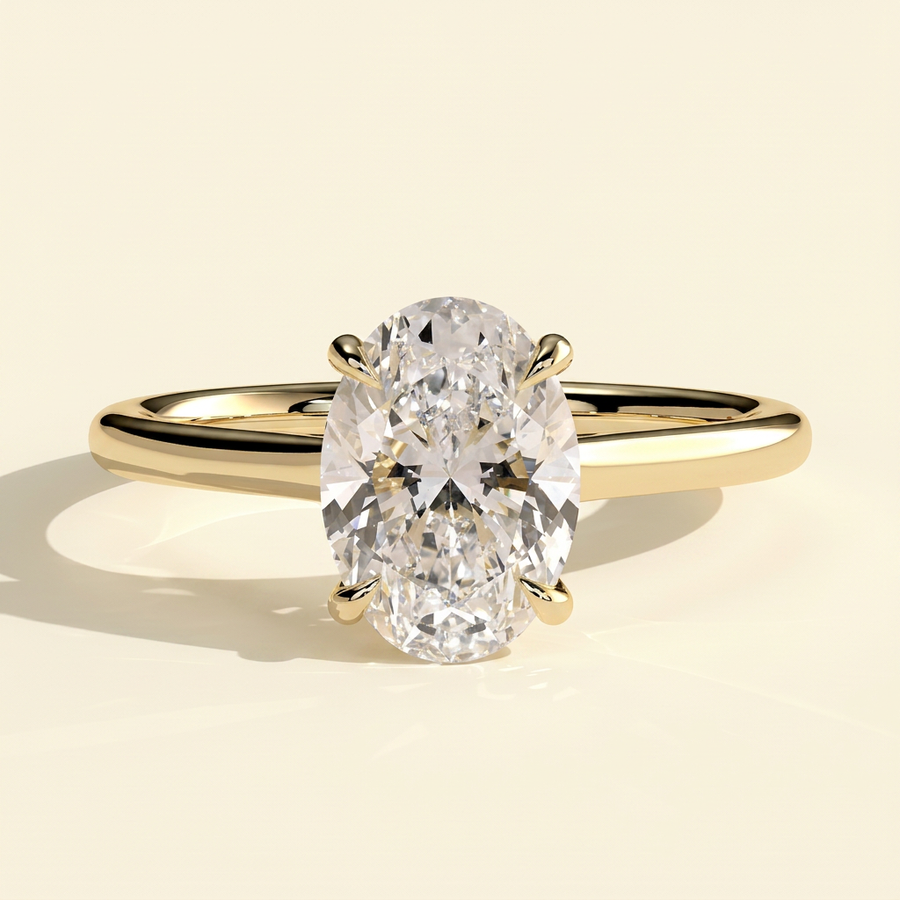 The Jovia - Oval Cut Lab Grown Diamond Four Claw Solitaire with Open Trellis Gallery Engagement Ring - Yellow Gold