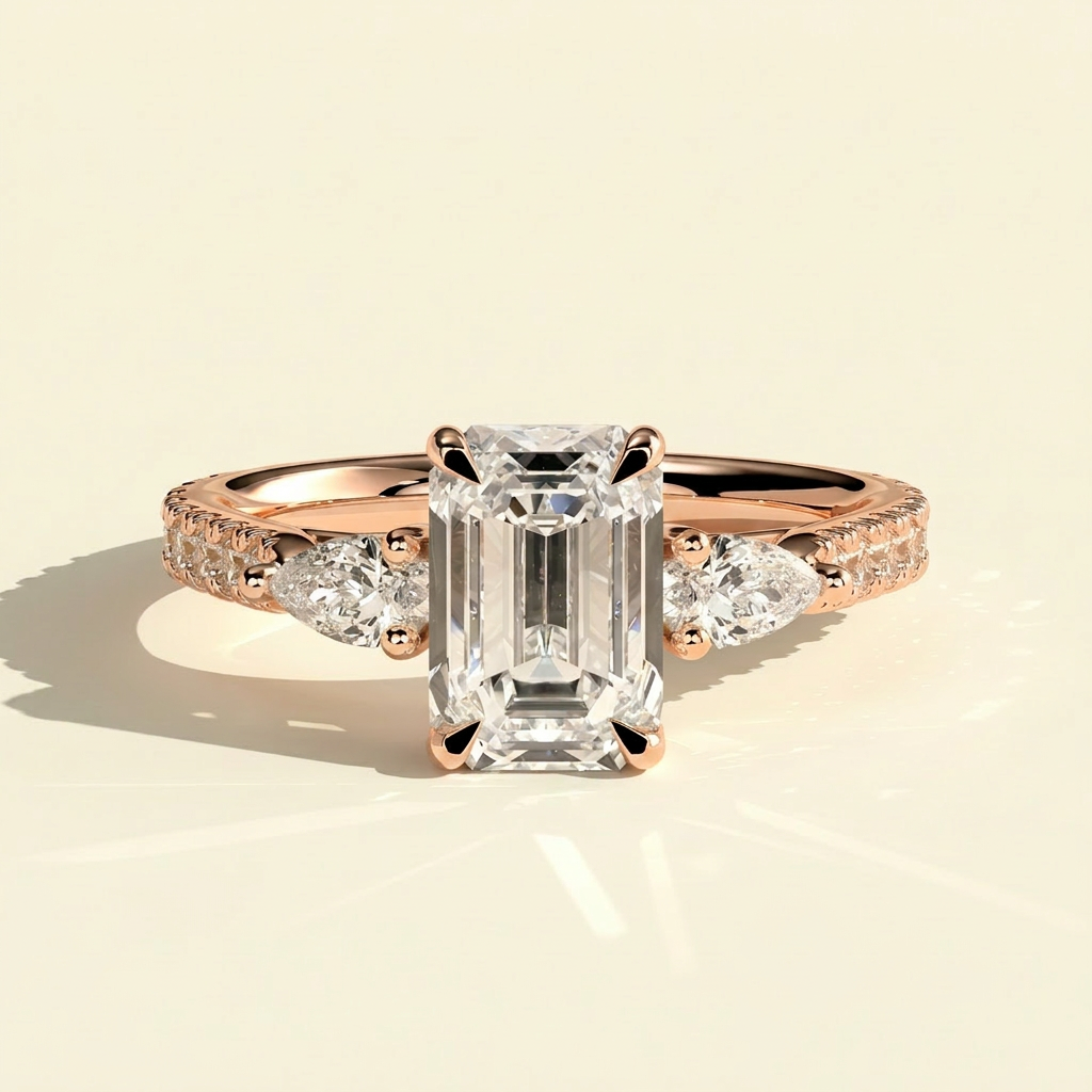 The Aluna - Emerald Cut Lab Grown Diamond Three Stone Ring with Pave Band