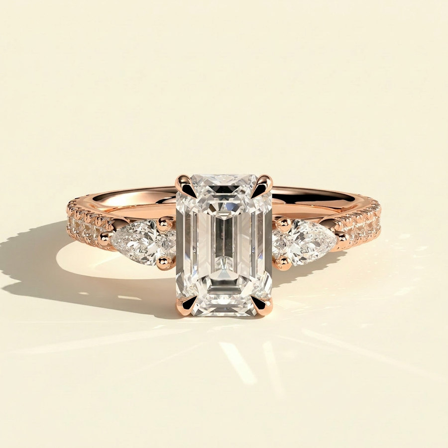 The Aluna - Emerald Cut Lab Grown Diamond Three Stone Ring with Pave Band - Rose Gold